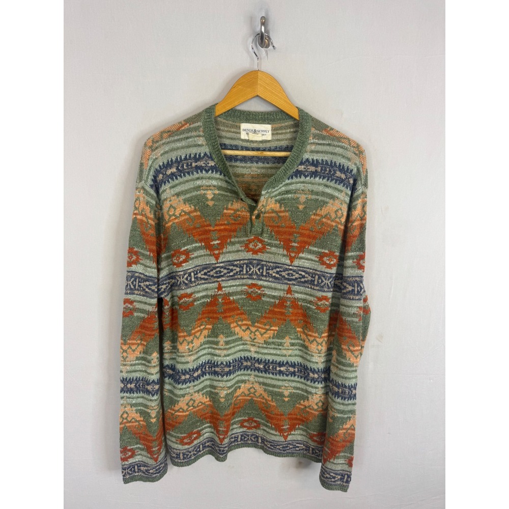 Denim & Supply Ralph Lauren Mens XL Southwestern Cotton Henley Sweater Green